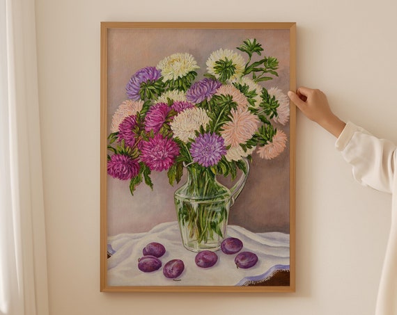 Aster Flower Print Moody Still Life Print Vintage Art Print Neutral Still Life Flowers Wall Art Cottagecore Decor