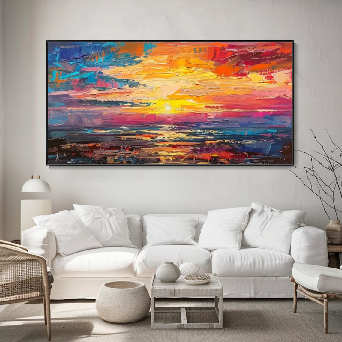 Fiery Sunset Over Ocean Waves Bold Colorful Impasto Seascape Wall Art - Image 3