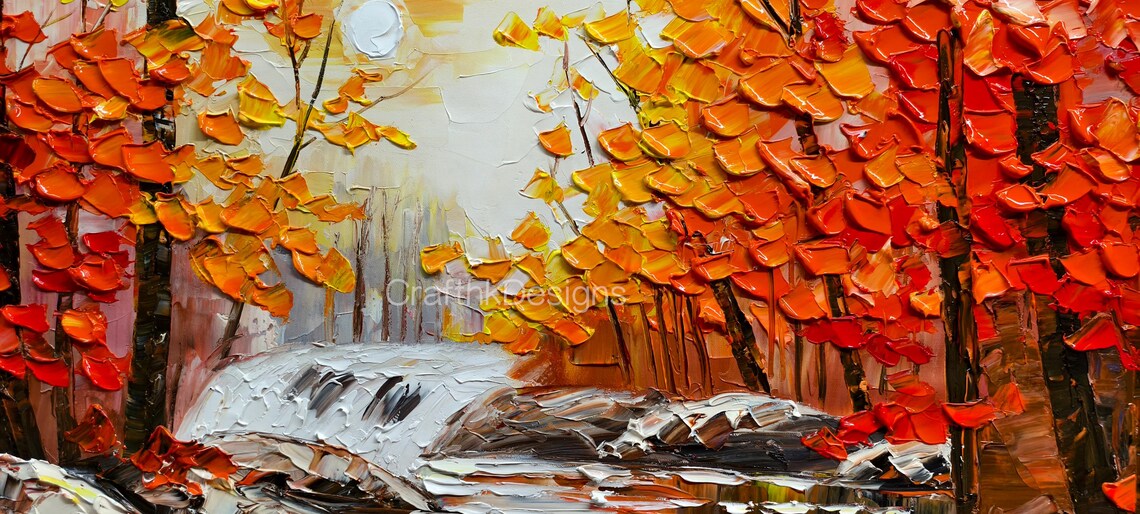 Modern Autumn Forest River Landscape Art Print - Image 4