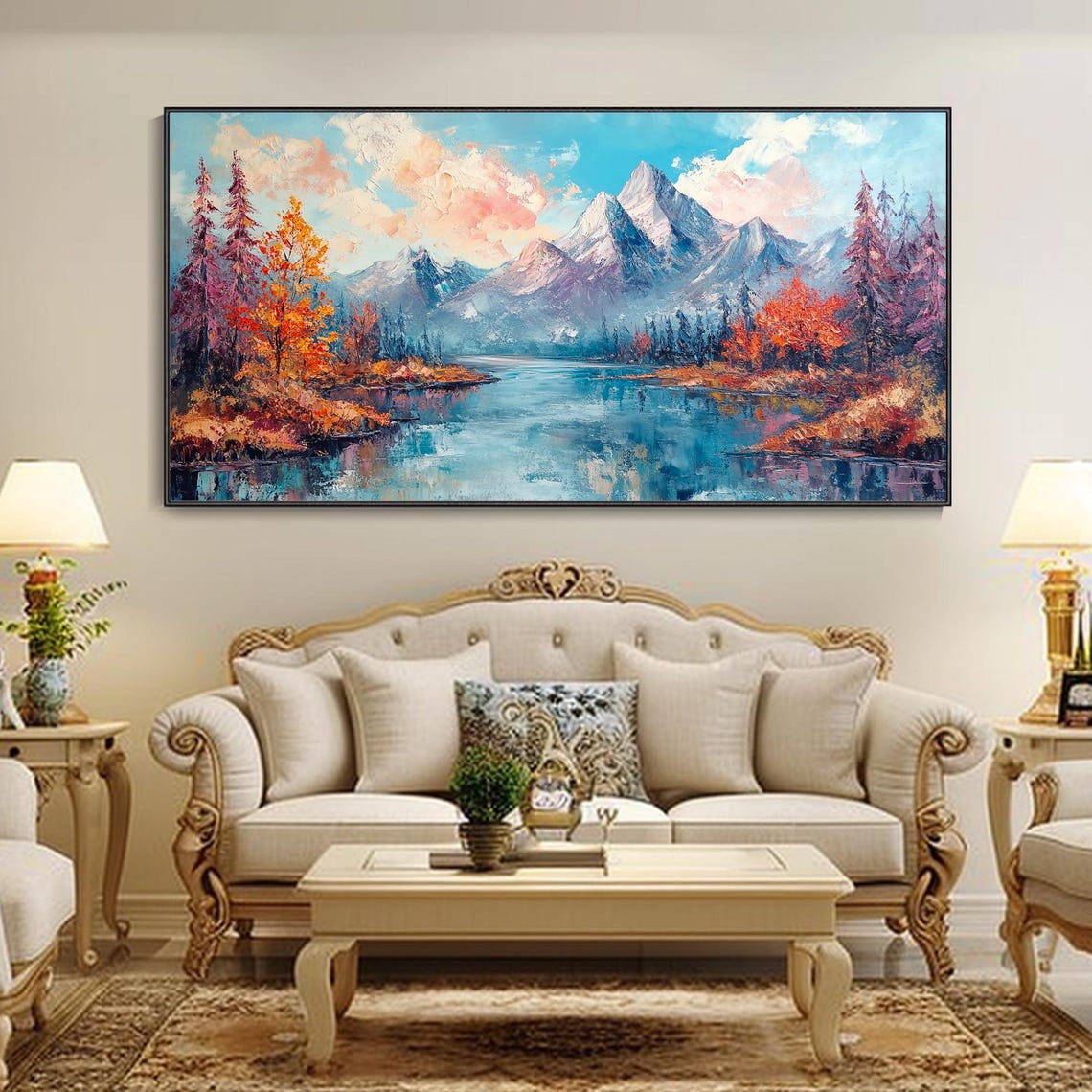 Snowy Mountain Lake With Autumn Trees Scenic Landscape Art Poster - Image 2