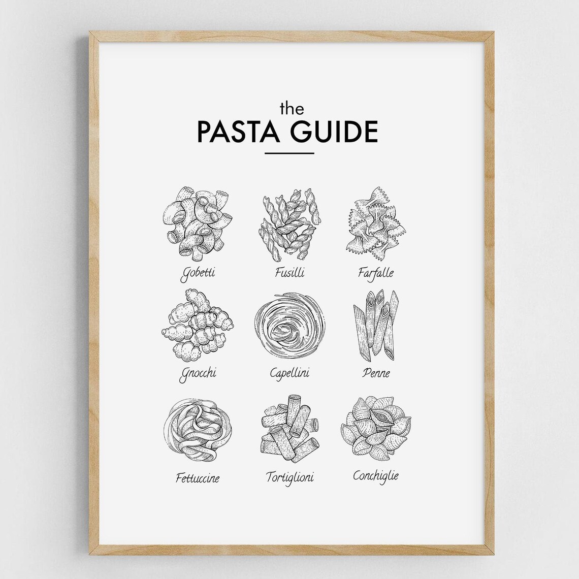 Pasta Types Guide Poster, Farmhouse Kitchen Art Print