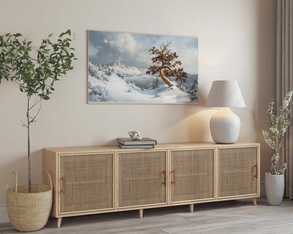 Snowy Mountain Lone Pine Tree Winter Scene Frame TV Art Poster - Image 3