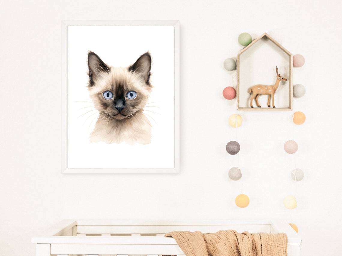Cute Siamese Kitten With Blue Eyes Watercolor Cat Nursery Poster - Image 2