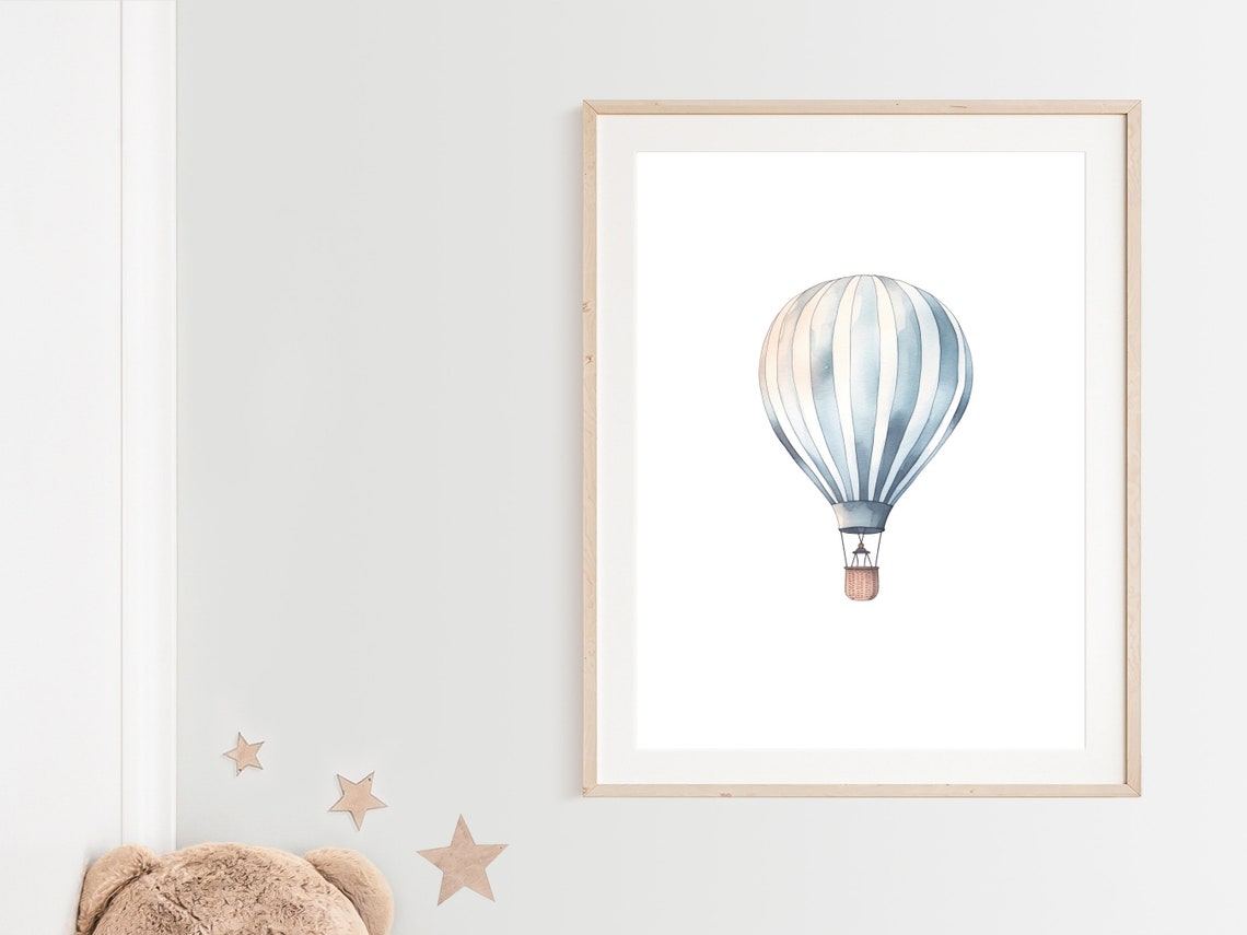 Soft Blue Striped Hot Air Balloon Watercolor Nursery Decor Poster - Image 2