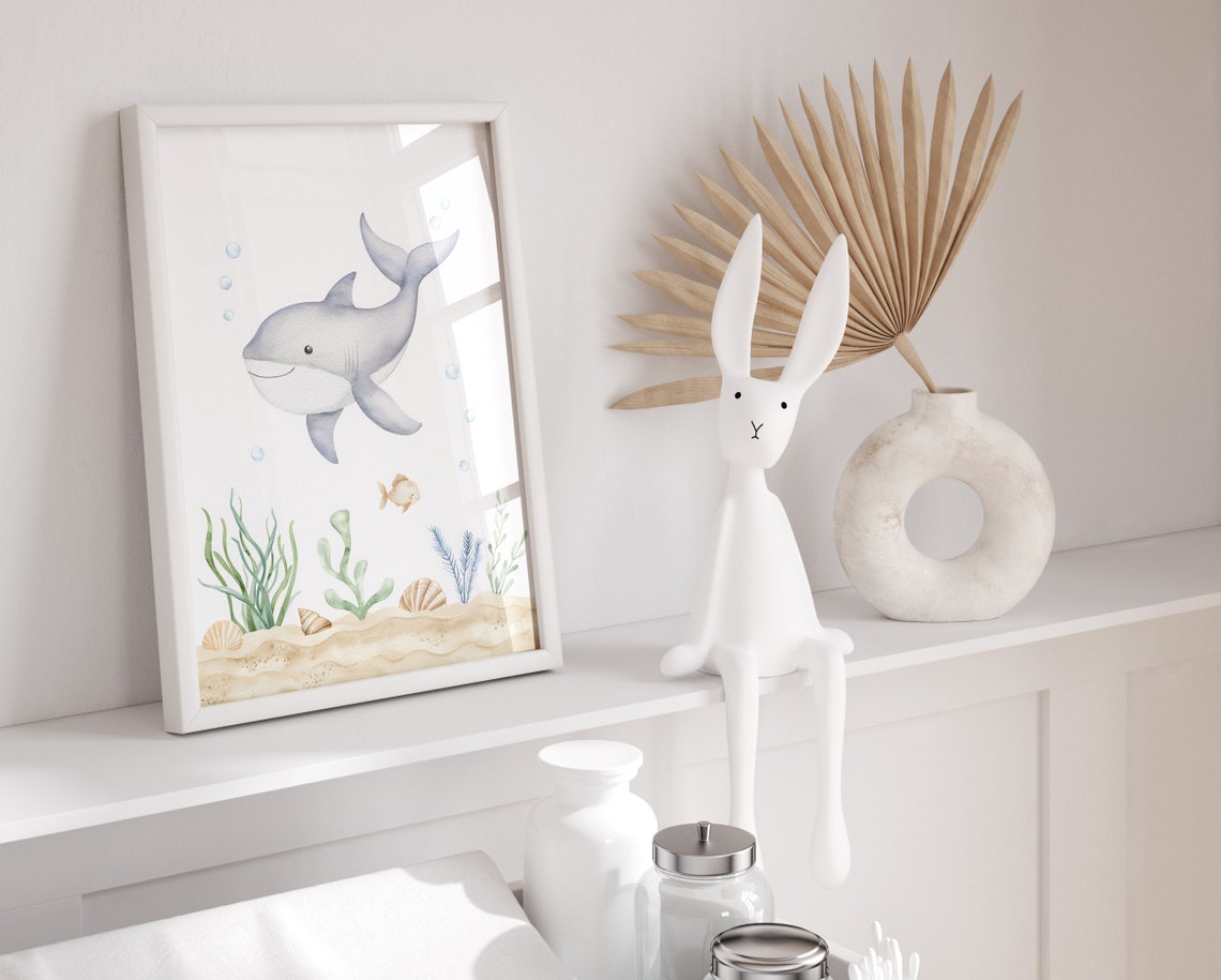 Cute Smiling Shark Watercolor Under The Sea Nursery Animal Poster - Image 2