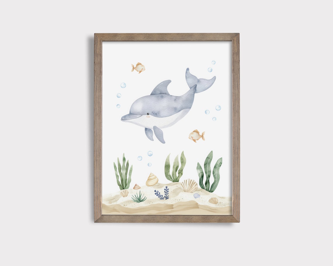 Baby Dolphin Under the Sea Watercolor Nursery Ocean Animal Poster