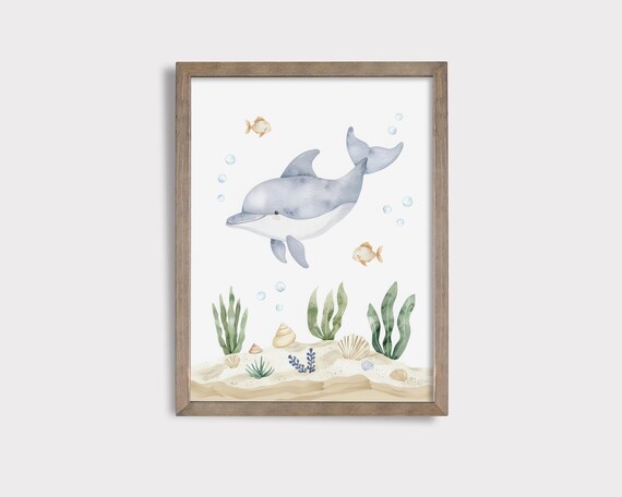 Baby Dolphin Under the Sea Watercolor Nursery Ocean Animal Poster
