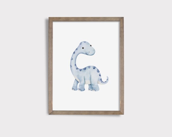 Sweet Blue Baby Long Neck Dinosaur Watercolor Nursery Wall Poster