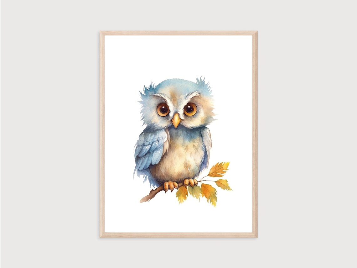 Cute Baby Owl on Autumn Branch Watercolor Portrait Nursery Wall Art