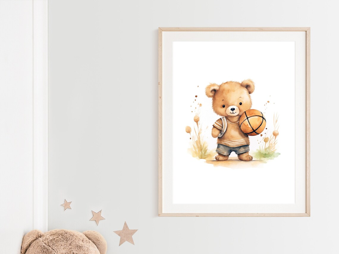 Teddy Bear Basketball Player Watercolor Cute Kids Sports Poster - Image 2
