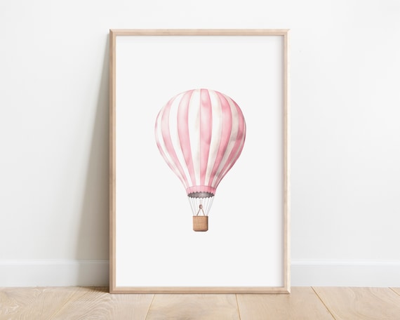 Pink Hot Air Balloon Watercolor Poster, Girls Nursery Wall Decor