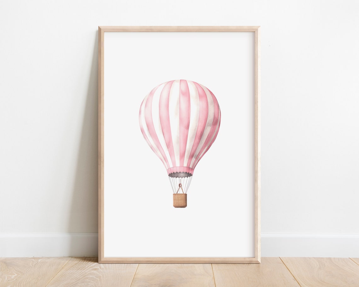 Pink Hot Air Balloon Watercolor Poster, Girls Nursery Wall Decor