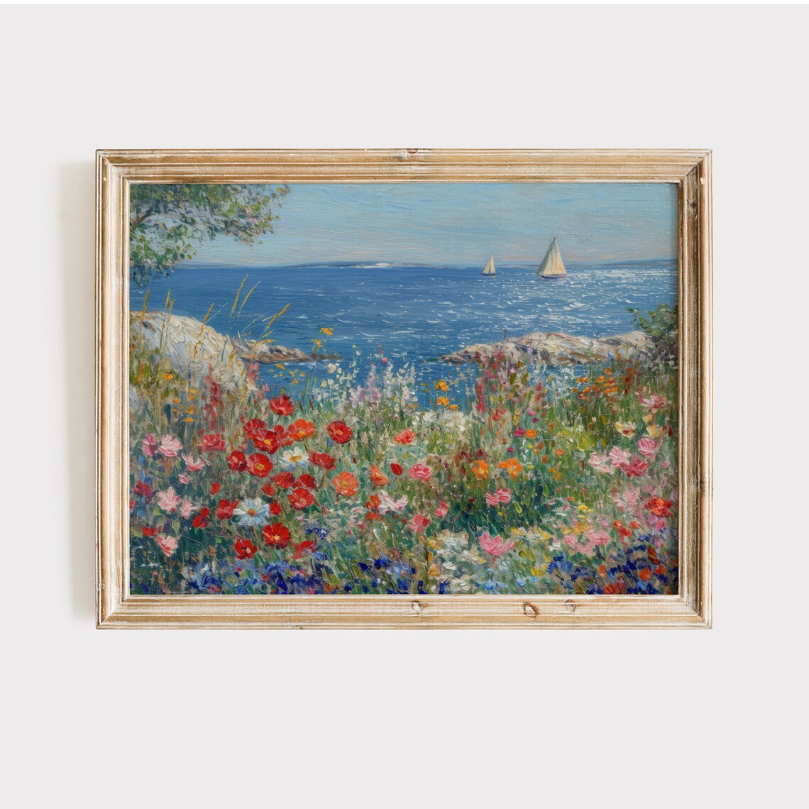 Coastal Wildflower Meadow Sailboats On Blue Sea Impressionist Art Print