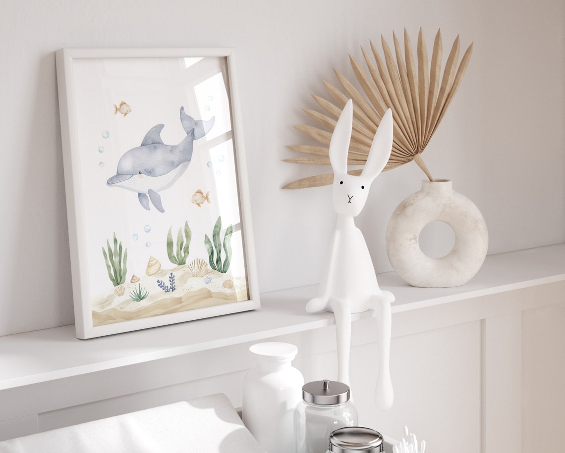 Baby Dolphin Under the Sea Watercolor Nursery Ocean Animal Poster - Image 2