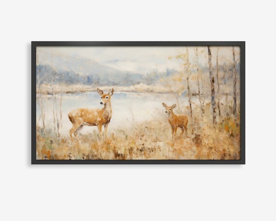 Two Deer by the Lake Watercolor Poster Autumn Wildlife Meadow Art