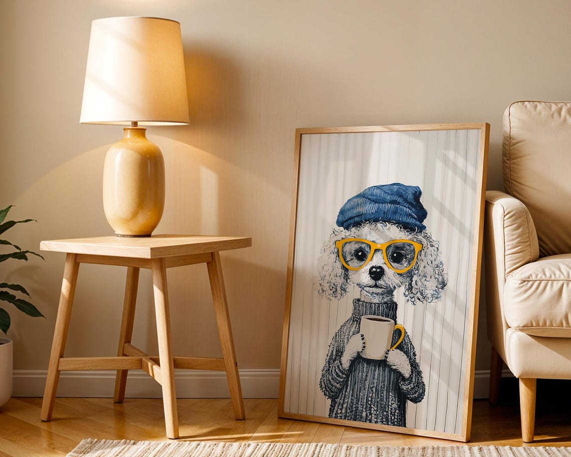 White Poodle in Blue Beanie and Glasses Holding Coffee Poster - Image 2