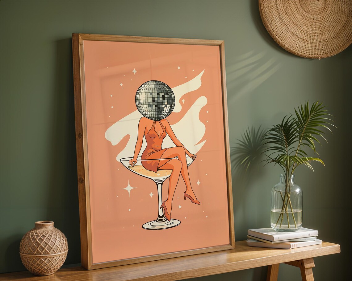 Chic Disco Ball Head Woman on a Martini Glass Retro 70s Wall Art - Image 2