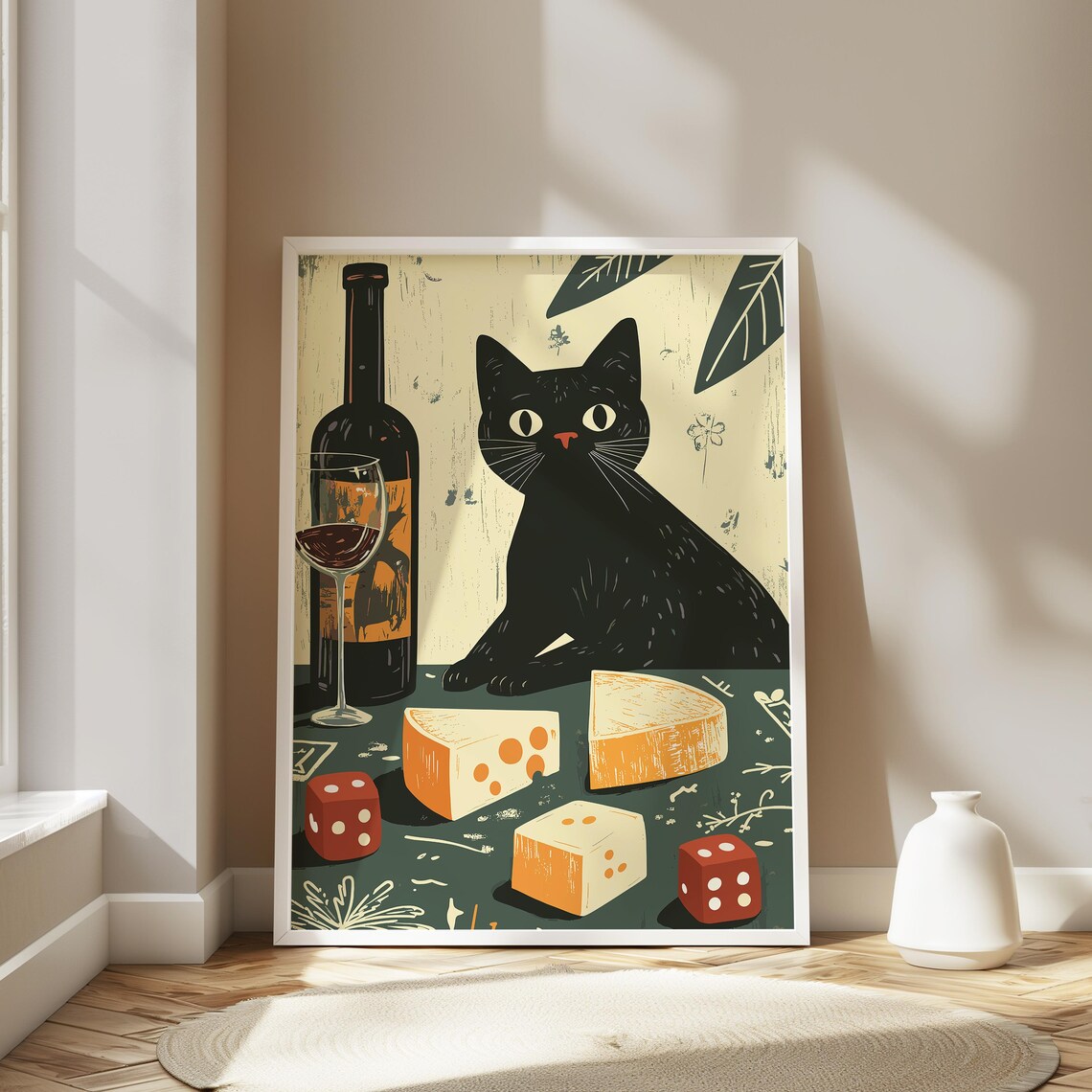 Black Cat Wine and Cheese Game Night Dice Illustration Poster - Image 3