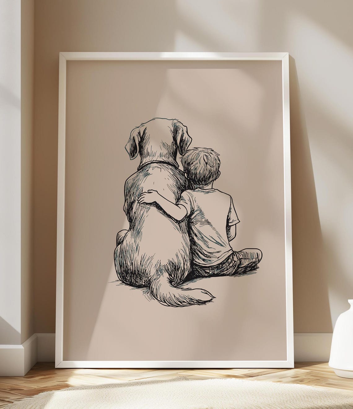Boy and Big Dog Sitting Side by Side Heartwarming Ink Sketch Poster