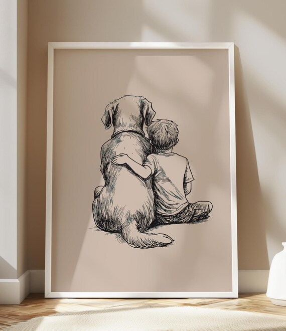 Boy and Big Dog Sitting Side by Side Heartwarming Ink Sketch Poster