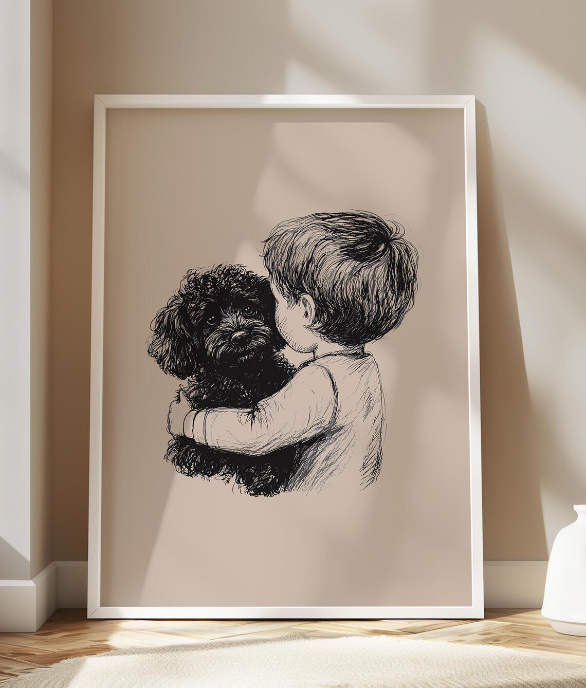 Boy Hugging Poodle Dog Sweet Ink Sketch Pet Lover Art Poster