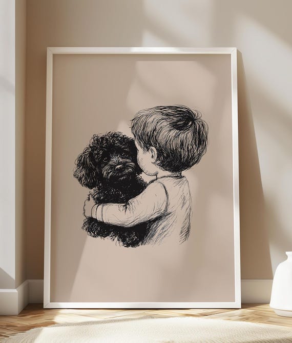 Kids Room Retro Poster Poodle And Boy Nursery Drawing Neutral Dog Print Baby Decor Sketch Illustration Puppy Art