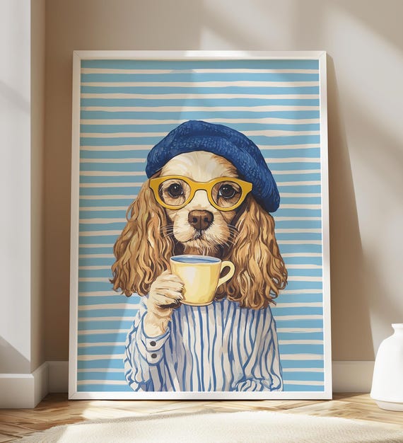 Funny Cocker Spaniel Sipping Coffee Dog Pet Art Wall Decor Portrait Painting Kitchen Poster Print Illustration Retro Drawing