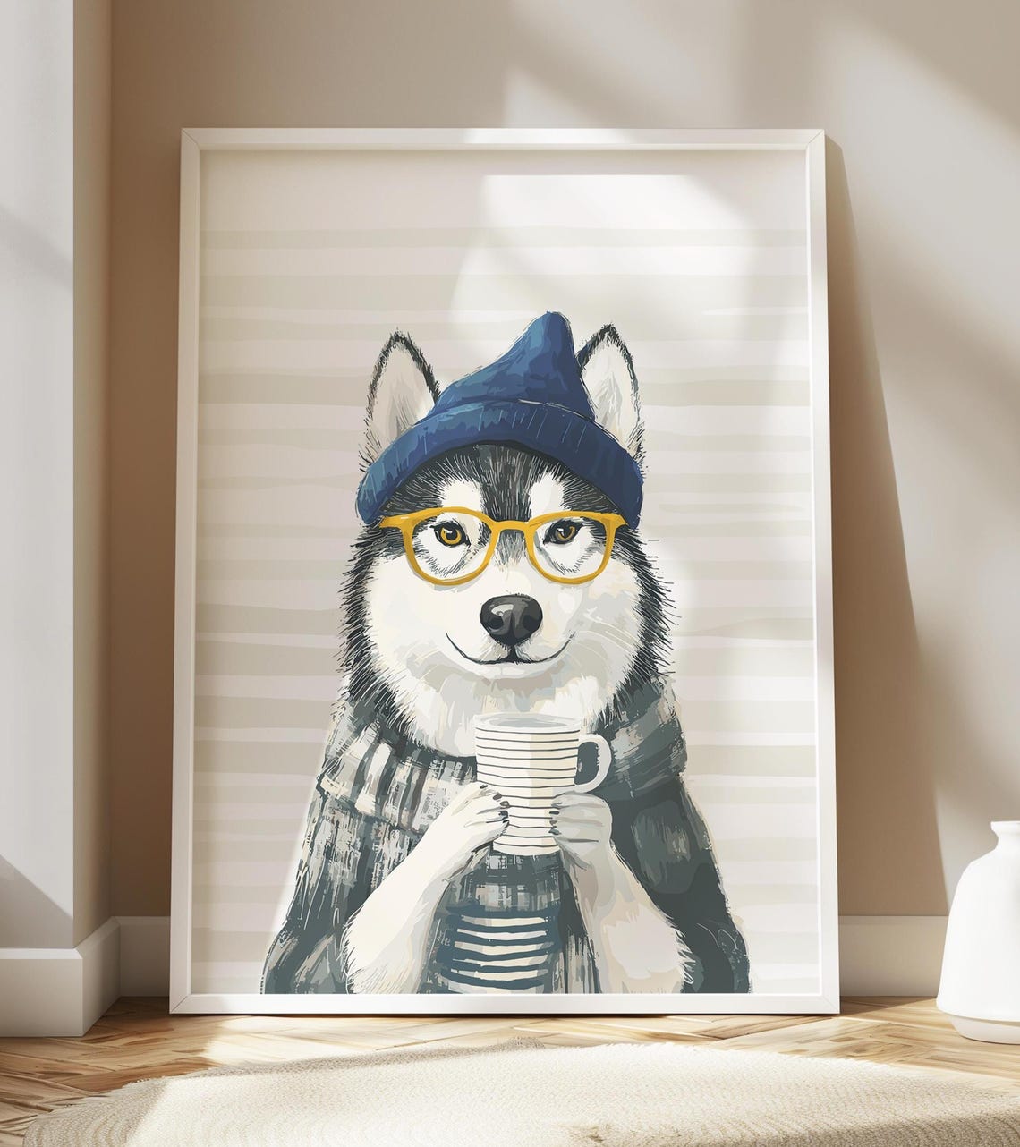Husky in Beret and Glasses With Striped Mug Coffee Art Poster