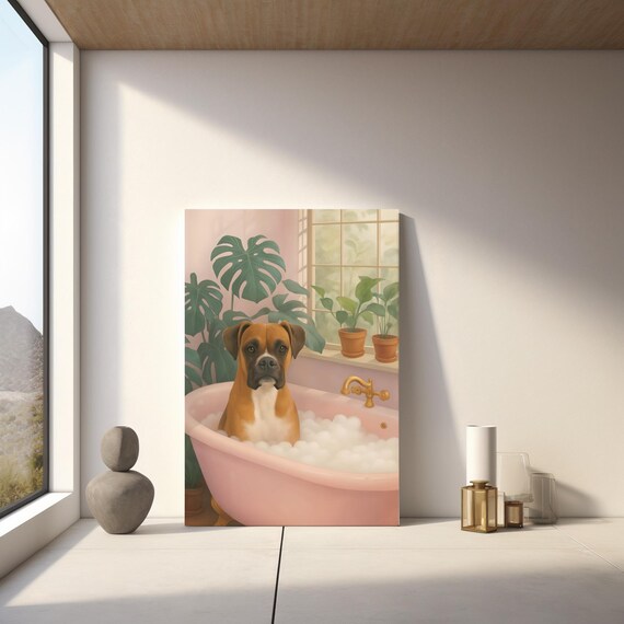 Boxer Dog in Pink Bathtub Bubble Bath Funny Fawn Puppy Wall Poster