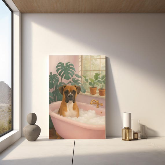Funny Boxer Art In Bathtub Print Modern Pet Wall Decor Instant