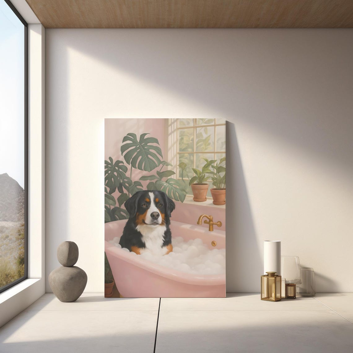 Bernese Mountain Dog in Bubble Bath Cute Pink Tub Pet Poster
