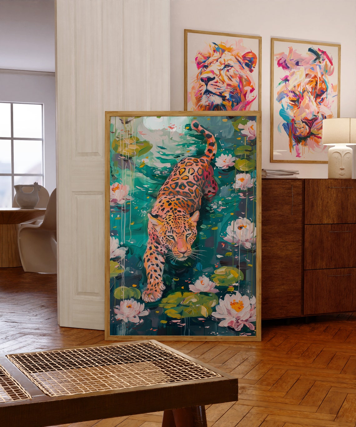Jaguar Wading Through Lily Pond Impressionist Nature Art Poster