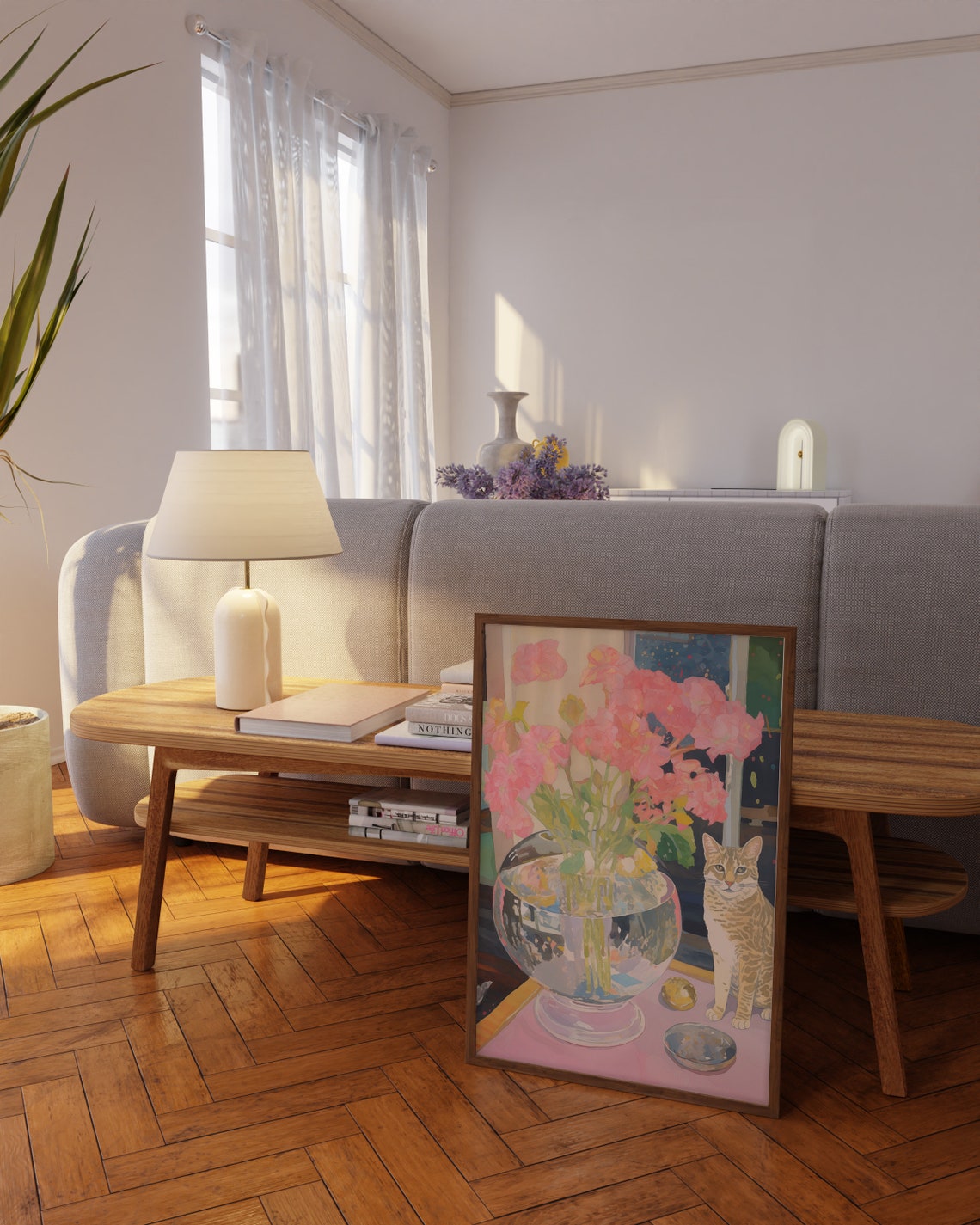 Tabby Cat by a Fishbowl Vase of Pink Peonies Still Life Poster - Image 2