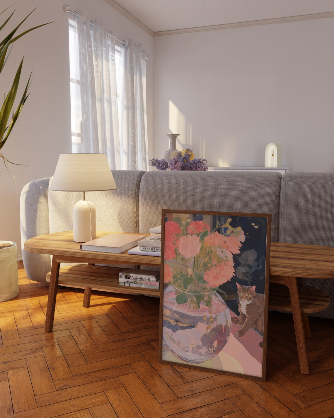 Tabby Cat Beside a Glass Vase of Pink Flowers Night Art Poster - Image 2