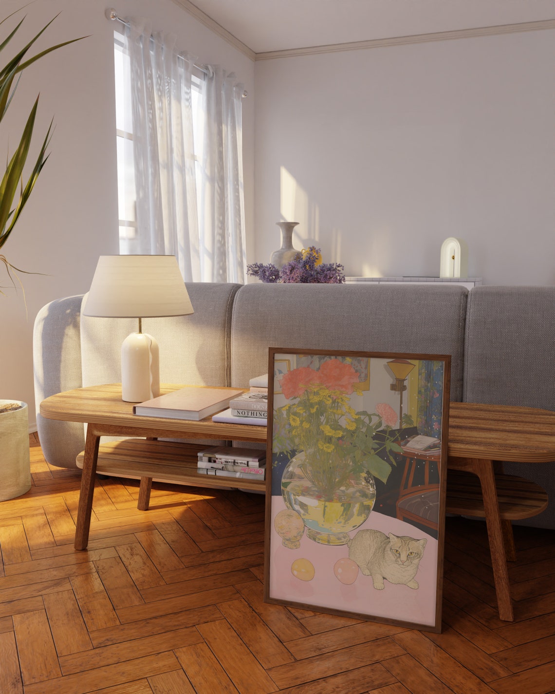 Grey Cat With Flower Vase Pastel Pink Table Still Life Poster - Image 2