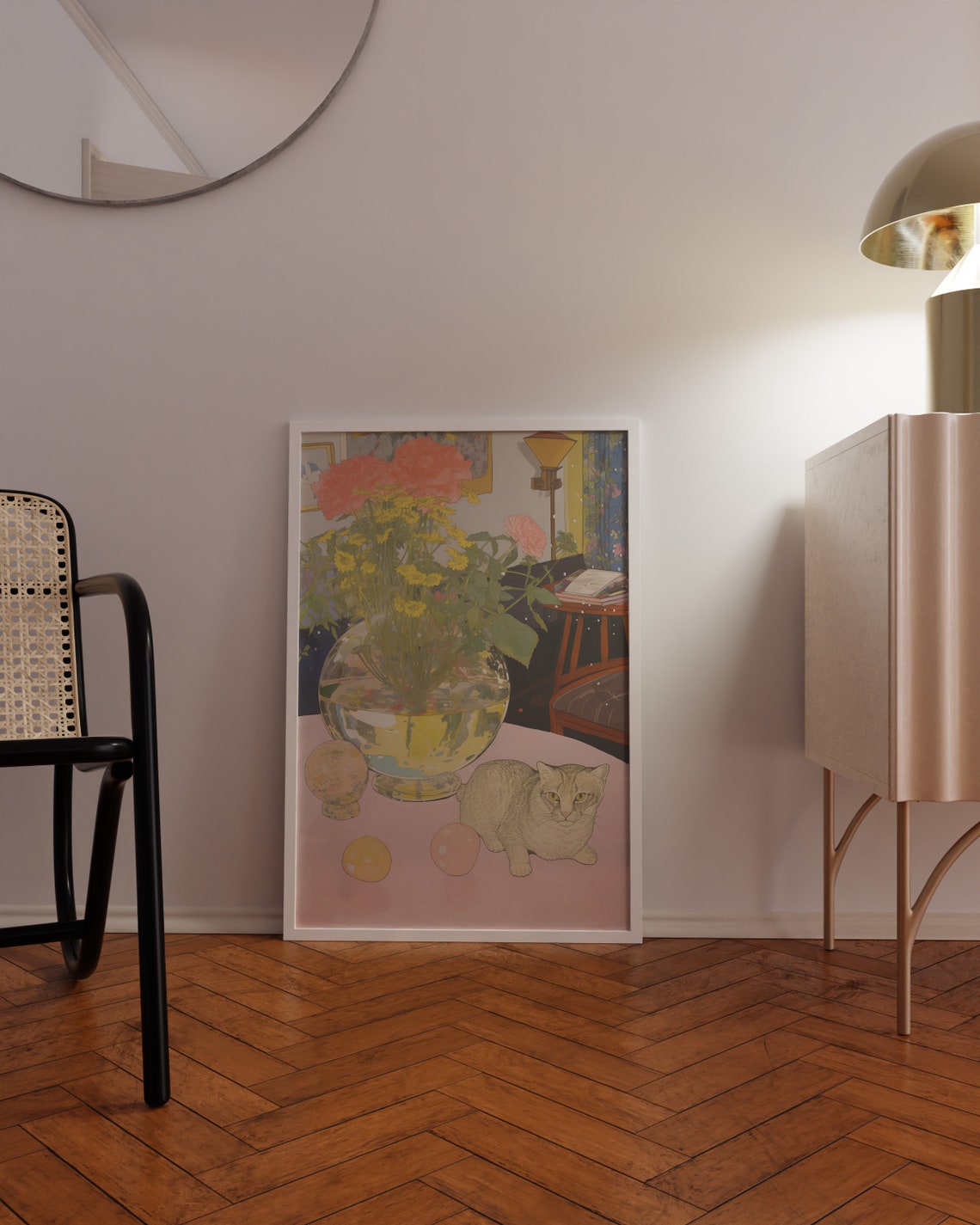Grey Cat With Flower Vase Pastel Pink Table Still Life Poster - Image 3