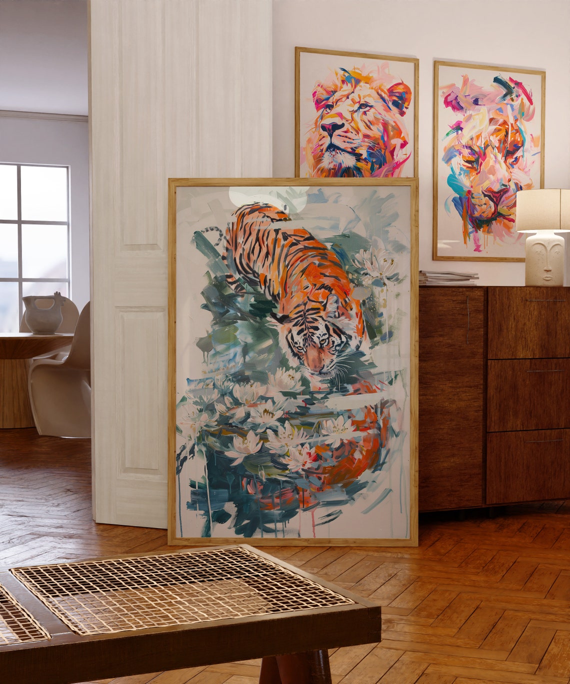 Leaping Tiger Splashing into Water Lily Pond Maximalist Art Poster