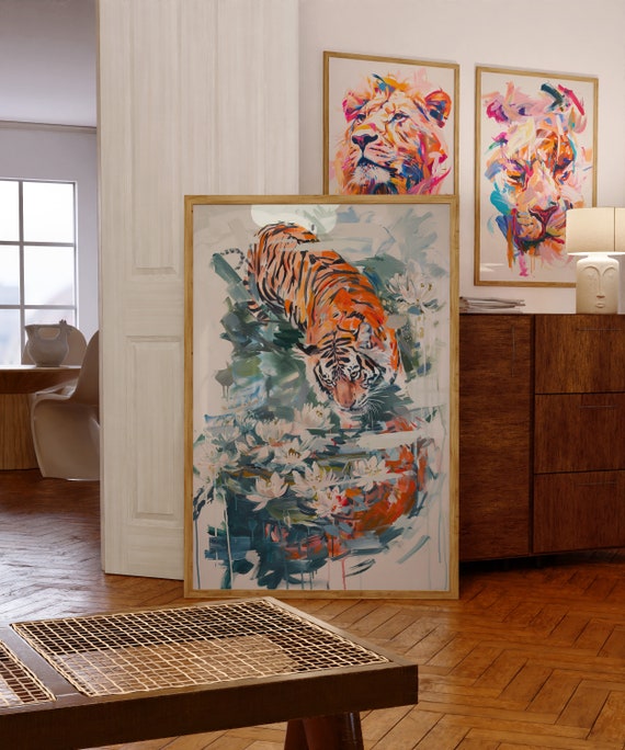 Leaping Tiger Splashing into Water Lily Pond Maximalist Art Poster