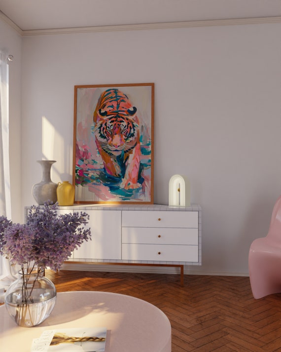 Pastel Abstract Tiger Striding Forward Vibrant Brushwork Poster