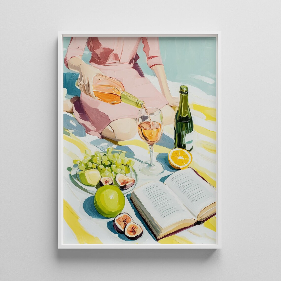 Summer Picnic Wine Pouring Woman Pink Dress Fruit Still Life Poster