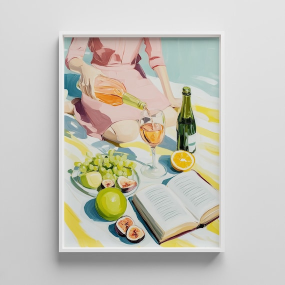 Summer Picnic Wine Pouring Woman Pink Dress Fruit Still Life Poster