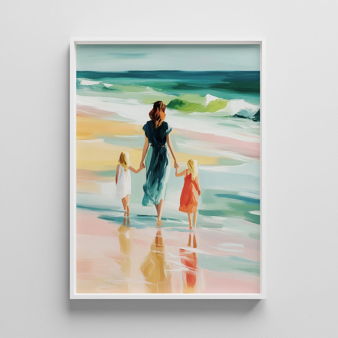Mother With Children Walking Beach Sunset Ocean Family Poster