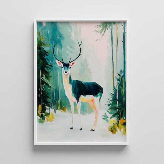 Hand Painted Deer Standing in a Misty Teal Forest Winter Art Poster