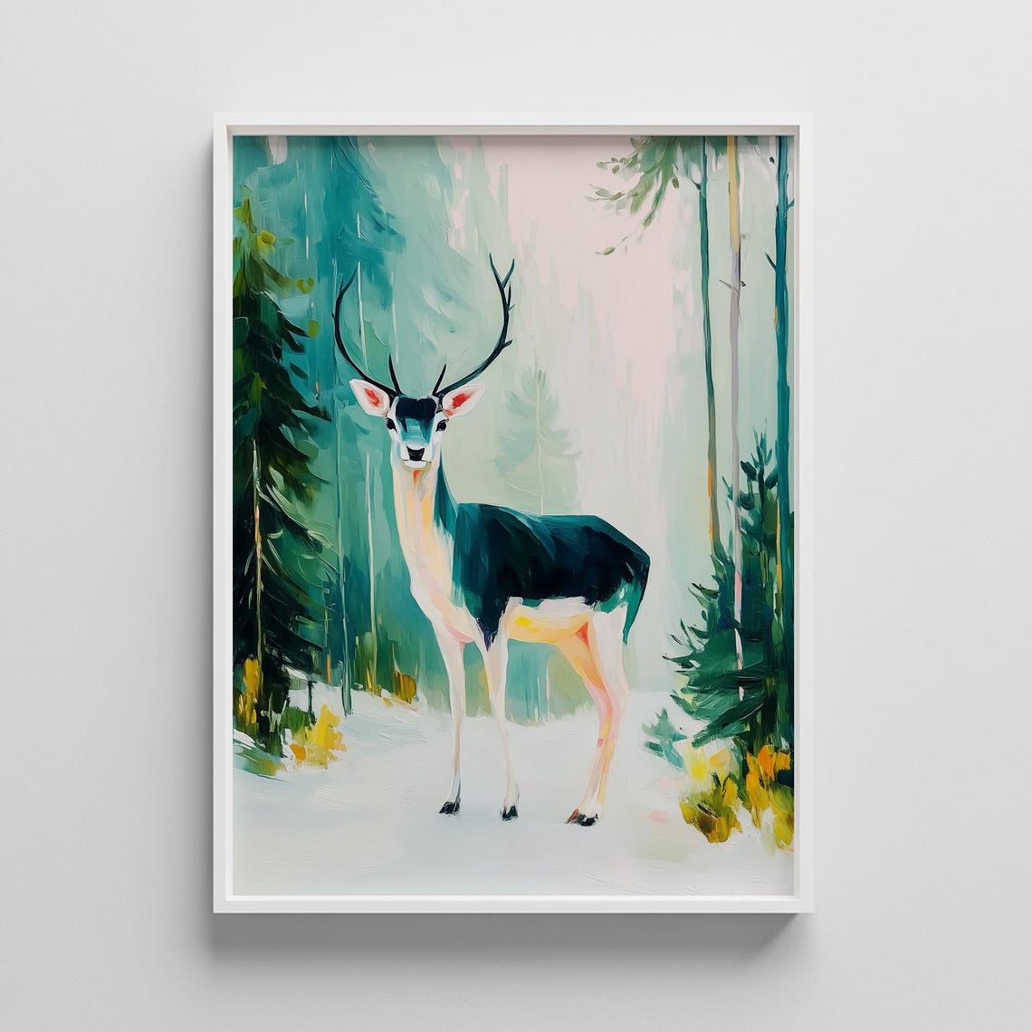 Hand Painted Deer Standing in a Misty Teal Forest Winter Art Poster