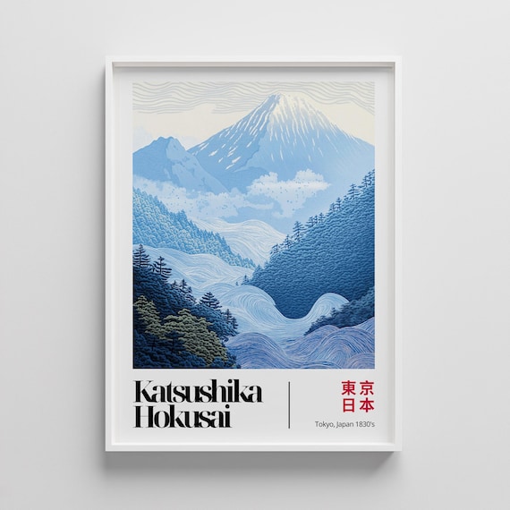 Katsushika Hokusai Snowy Mount Fuji Blue Forest Landscape Art Poster