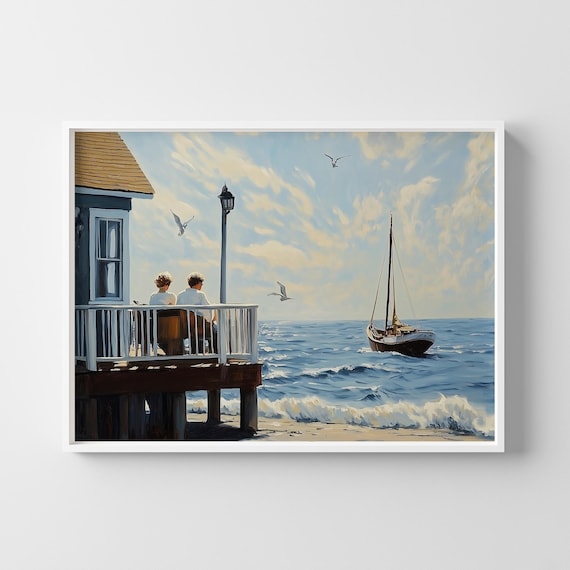 Couple Watching Sailboat From Seaside Deck Realism Art Print