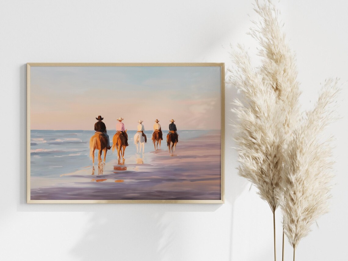 Cowboys Riding Horses on Beach at Sunset Western Painting Poster