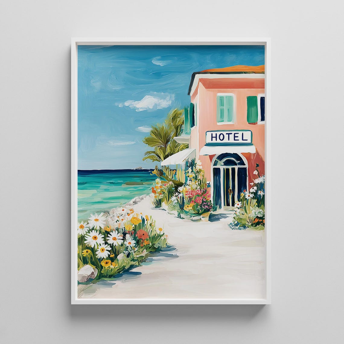 Mediterranean Coastal Hotel With Flower Garden By The Sea Poster