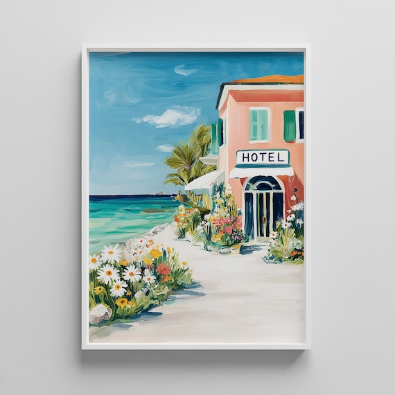 Mediterranean Coastal Hotel With Flower Garden By The Sea Poster