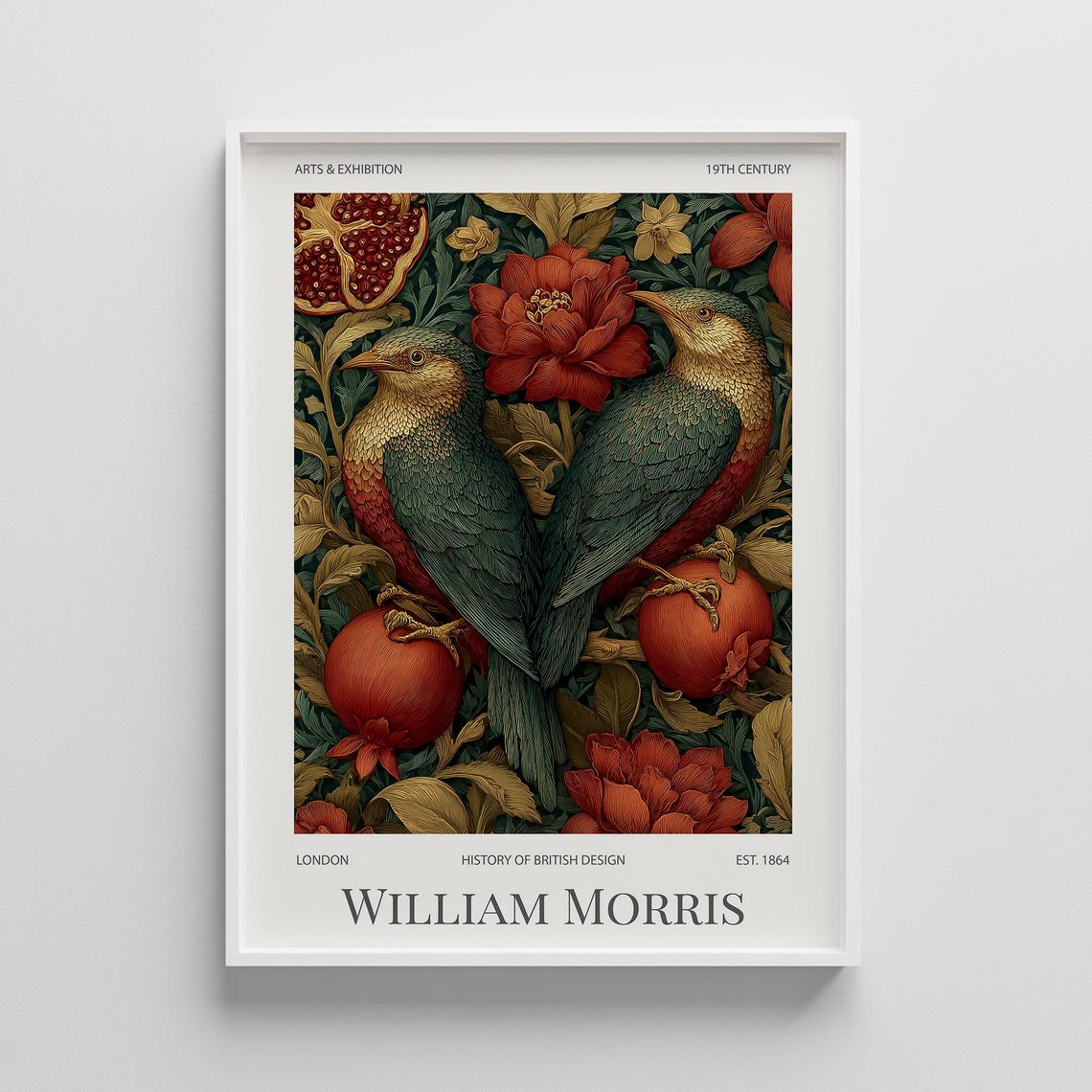 William Morris Bird Pomegranate Poster, Vintage Red Botanical Artwork